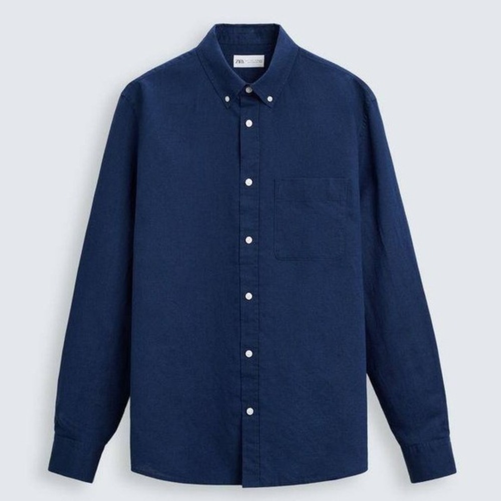 ZARA‎ Bluish Cotton Linen Button Up Shirt Size Small Comfort Fit Casual Slim
